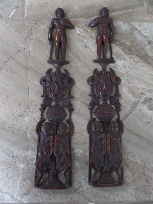 Pair of Antique Walnut Caryatids Satyre Cherub Panel