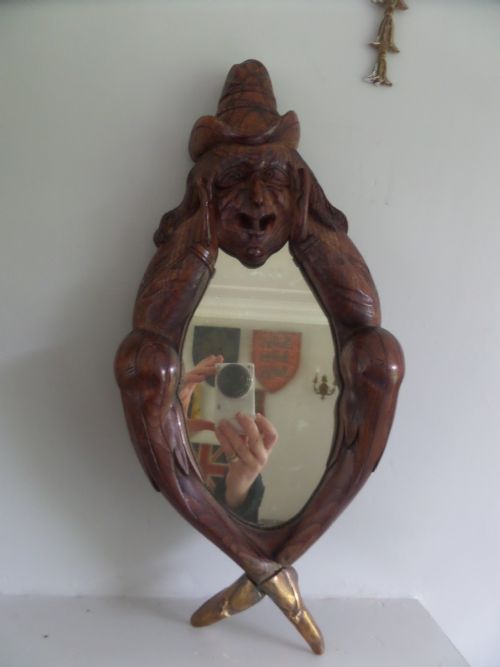 Antique Black Forest Carved Mirror Witch Wizard