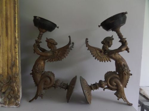 Pair 19th Century Bronze Winged Mermaid Mythical Sconce Wall Light Gasolier

