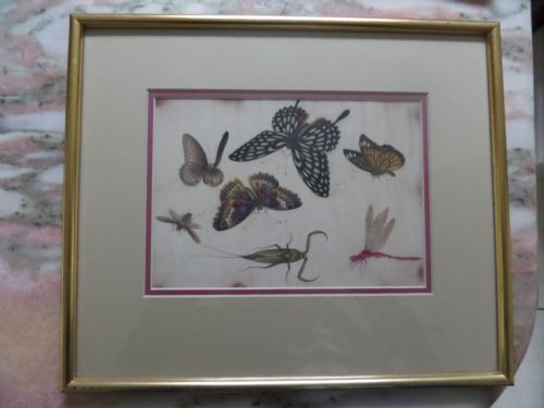 19th Century Antique Chinese Rice Paper Painting Butterflies Dragonfly