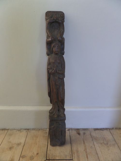 Large 17th Century Carved Oak Mary Saint Caryatid Panel Surmounted by Birds Dolphins