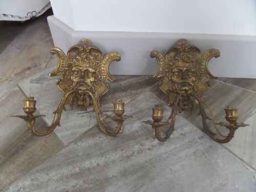 Pair Brass Green Man Sconces Wall Lights