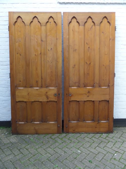 Antique Pair of Large Victorian Carved Gothic Pine Church Doors