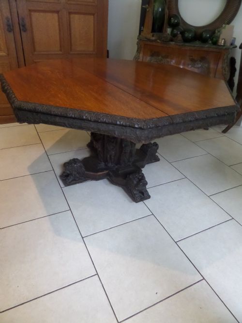 19th Century Carved Oak Hall Library Central Table Cherubs Lions