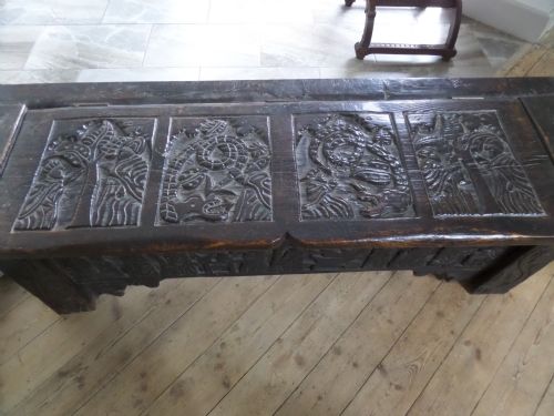 Rare 16th Century Carved Elm Coffer 6 Plank Chest Adam & Eve Serpent Tree of Life