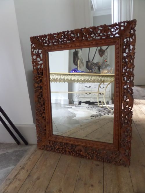 Antique Arts Crafts Carved Black Forest Frame Mirror Squirrel