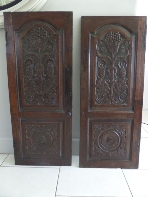 Pair of Carved Oak 17th Century Panels Fruits Pineapple