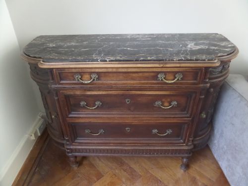 Antique Carved French Bombe Serpentine Marble Top Chest