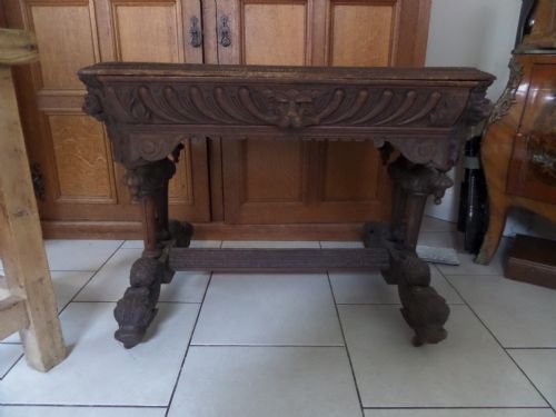Victorian Carved Oak Central Table Dolphin Feet Lion Handle