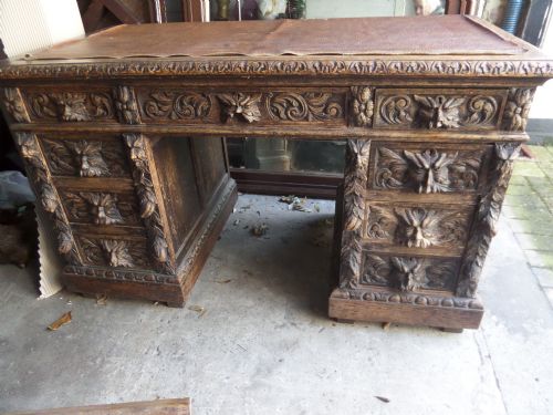 Victorian Carved Oak Green Man Lion Head Gothic Desk