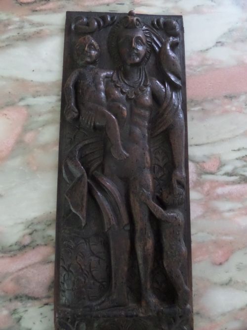 Rare 16th Century English Walnut Panel Putti Saint