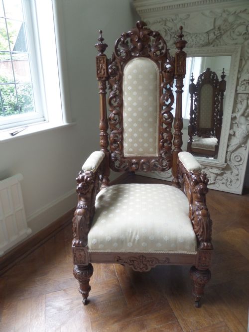 `19th Century Carved Walnut Griffin Armchair Black Forest Throne Chair