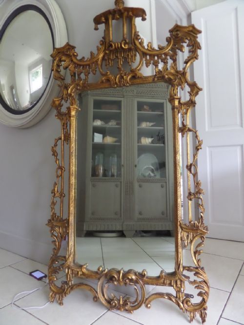 Antique Carved Wooden Chippendale Chinese Gilt Overmantel Mirror Chinoiserie