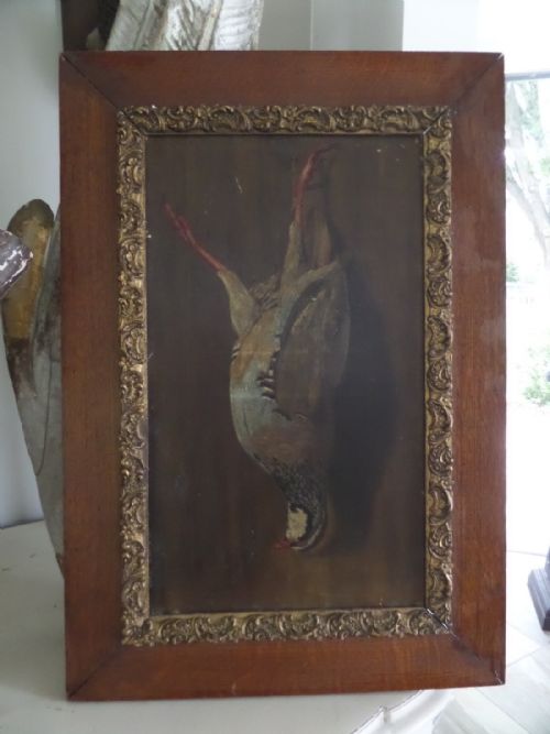Antique 19th Century Oil on Canvas Painting Game Still Life Bird
