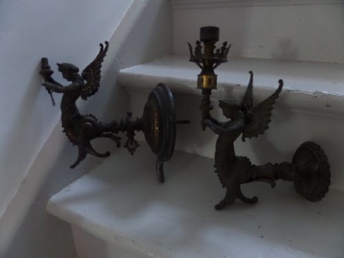 Pair Victorian Bronze Mermaid Gas Wall Lights Sconces