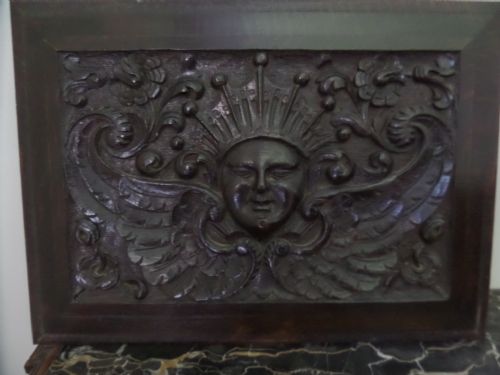 19th Century Crowned Winged Angel Cherub Carved Oak Panel Edwards & Roberts
