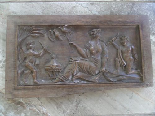 19th Century Carved Walnut Panel Cherubs Doves