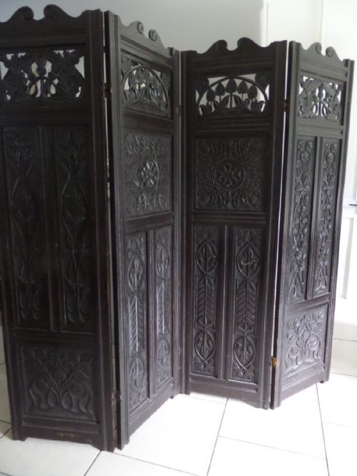 Arts Crafts Carved Oak Scottish Room Divider Screen Thistles Tulips Etc...