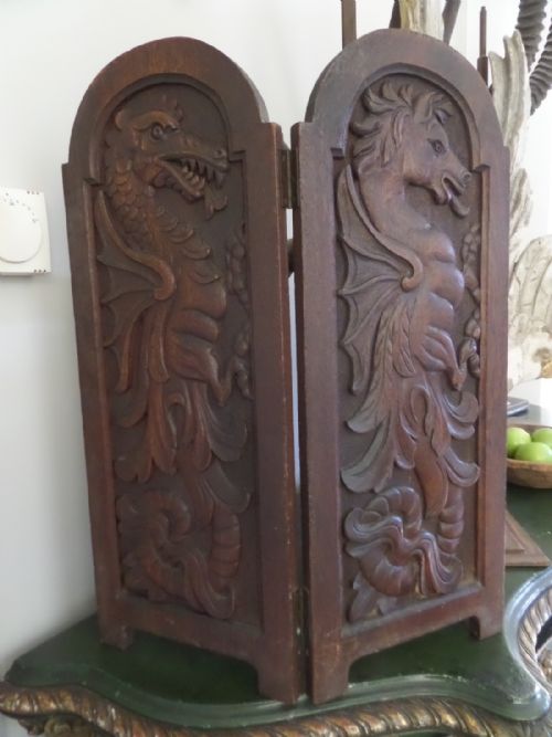 19th Century Mythical Dragon Hippocampus Carved Screen Panel