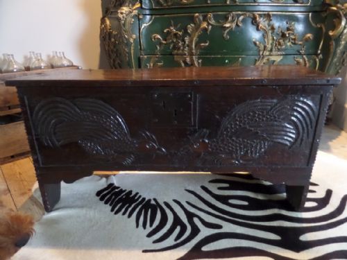 16th Century Carved Oak 6 Plank Coffer Chest Fighting Birds