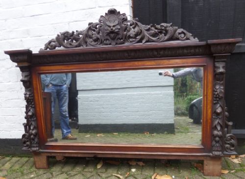 Carved Oak Green Man Lions Overmantel Mirror Pediment