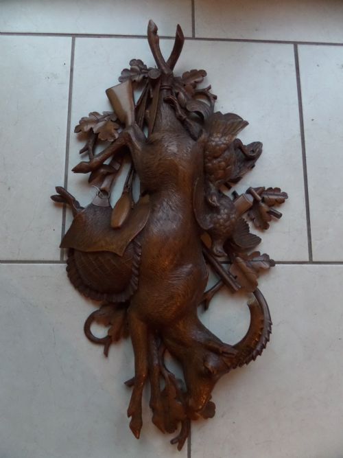 Large Antique Black Carved Forest Deer Stag Hare Hunting Panel Plaque Trophy