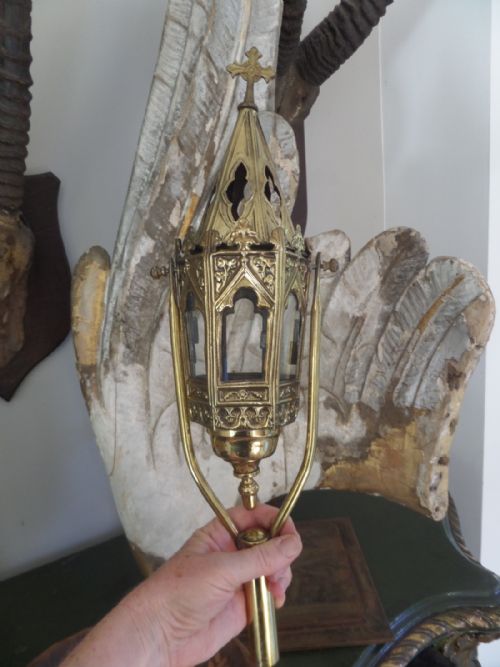 A Lovely Antique Processional Church Brass and Glass Lamp Candlestick Chandelier Gothic.
