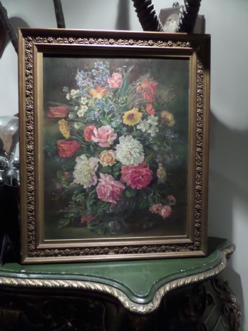 Antique Still Life Oil on Canvas Flowers Painting
