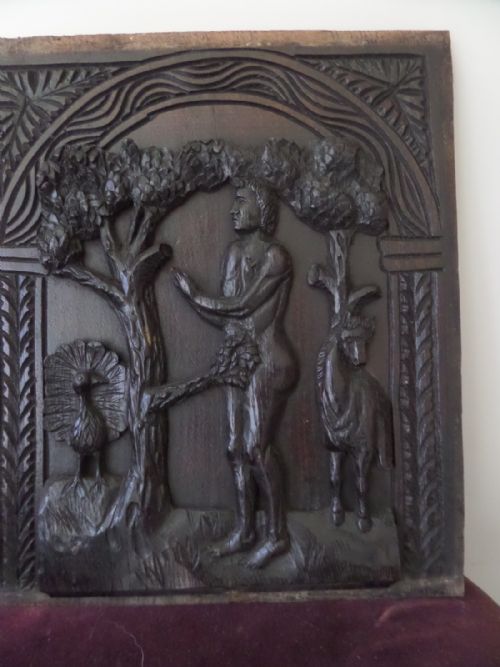 Antique Carved Oak Panel Adam & Eve Peacock Plaque Religious