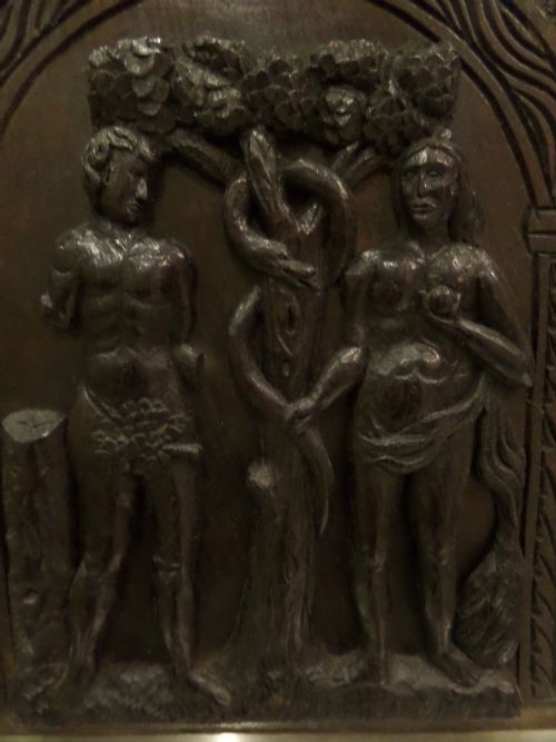 Antique Carved Church Oak Panel Adam & Eve Tree of Life Serpent