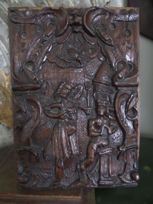 16th Century Rare Carved Oak Panel Winged Angel Birds Green Man