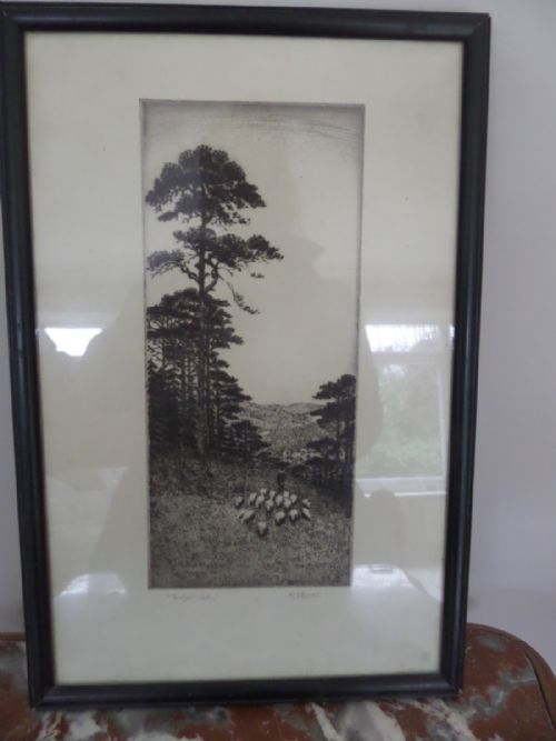 Antique Engraving Etching Signed K Vernon Twilight Calm