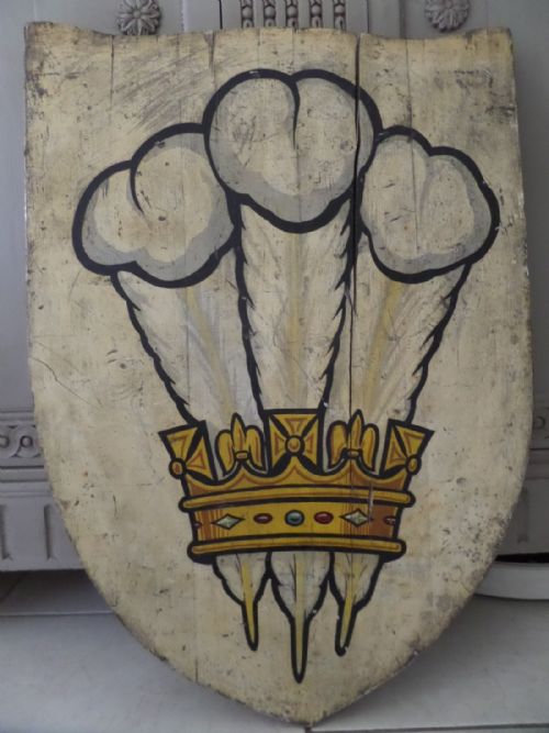 Antique Carved Wooden Painted Shield with Prince of Wales Feathers Heraldic