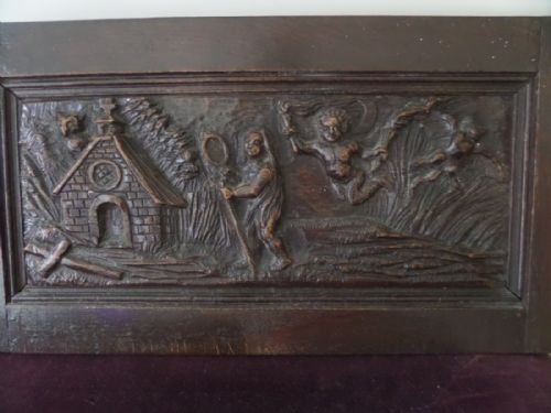 Stunning 17th Century Carved Oak Panel, Psyche, Cherub Owl and Bat