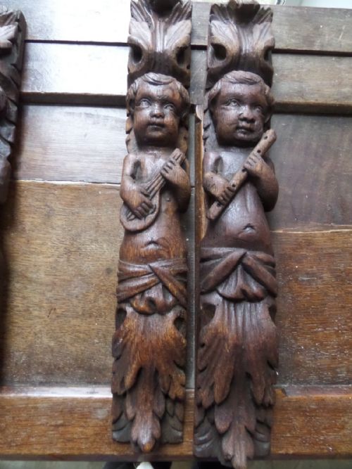 19th Century Carved Oak Caryatids Putti Putto Panel