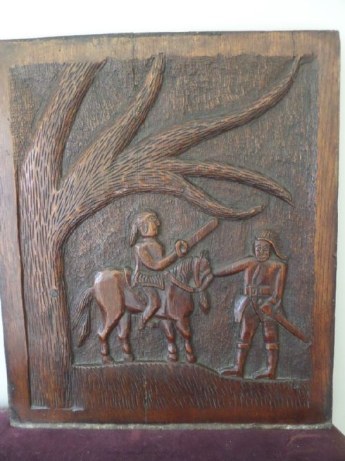 18th Century Carved Oak Panel Folk Art Horse and Rider
