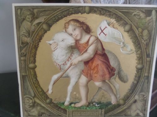 19th Century Religious Chromolithograph Evangelists Dated 1859 Cherub Lamb