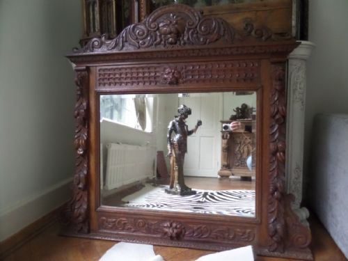 Victorian Carved Oak Lion Head Mirror Overmantel Green Man
