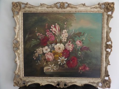 Antique Oil Painting Still Life Flowers Carved Frame