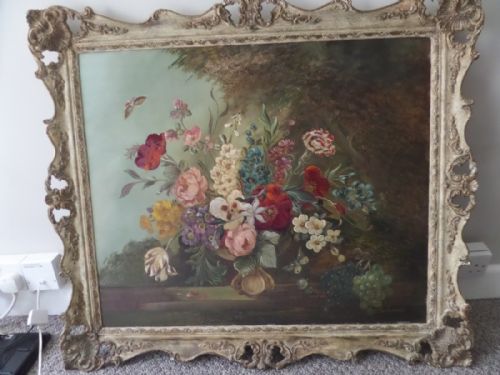 Antique Oil Painting Still Life Flowers Carved Frame