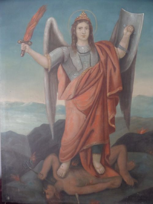 19th Century Oil Painting of a Devil / Satyr Being Slayed by an Archangel