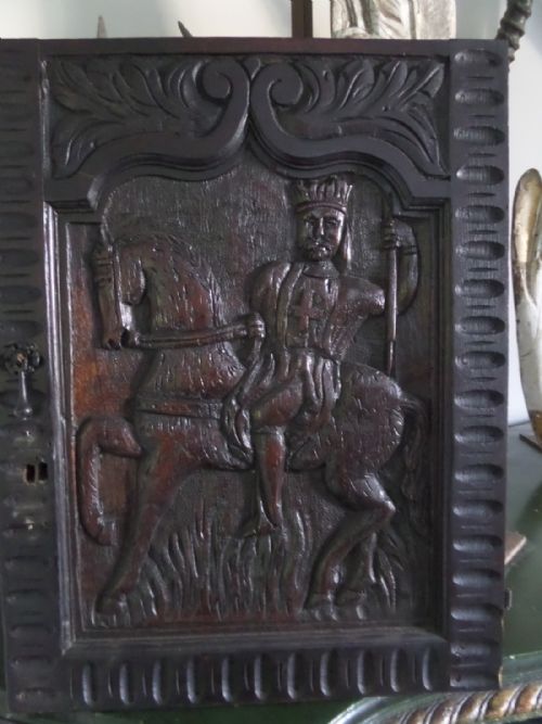 19th Century Carved Oak Door Panel Soldier on Horseback