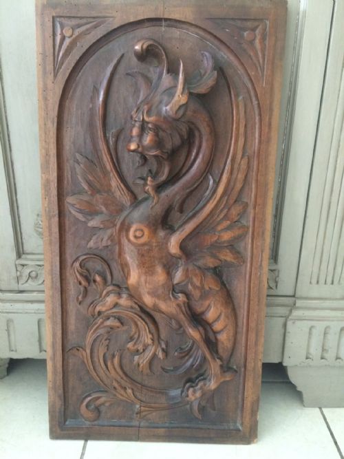 Large 19th Century Deeply Carved Walnut Griffin Devil Panel