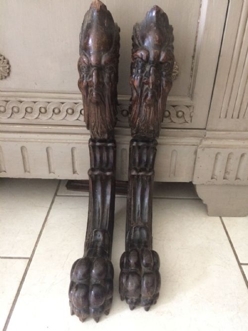 Pair 18th Century Carved Oak Gargoyle Gothic Caryatids Lion Paw Feet