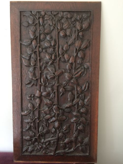 Stunning Arts Crafts Carved Oak Foliage Leaves Panel