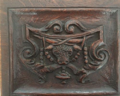 19th Century Arts Crafts Carved Oak Panel Bull