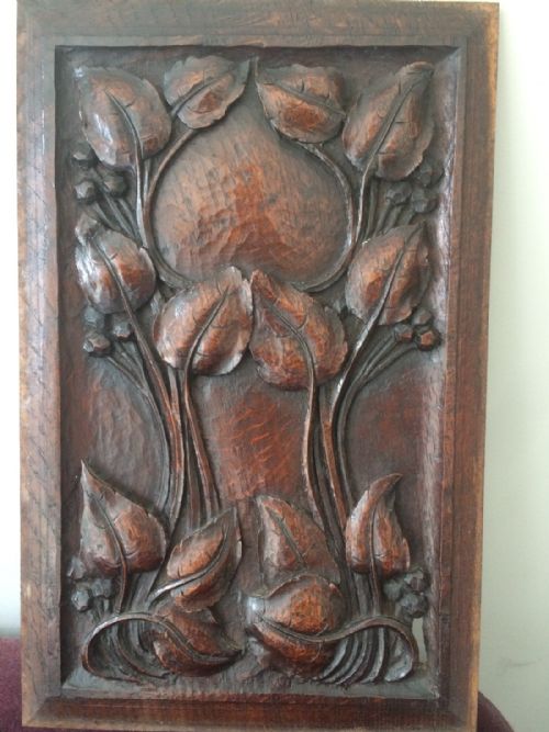English 19th Century Arts Crafts Carved Oak Panel Heart Foliage