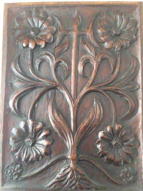 19th Century Arts Crafts Carved Oak Panel Tree of Life by Edwin Ridgeway.