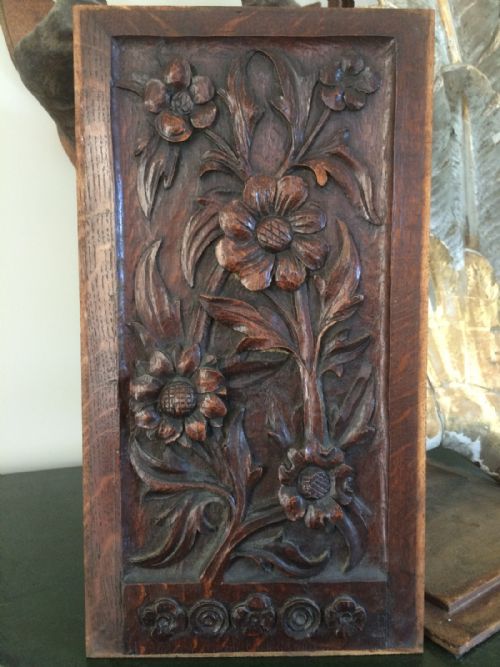 Arts Crafts Carved Oak  Daisy Panel