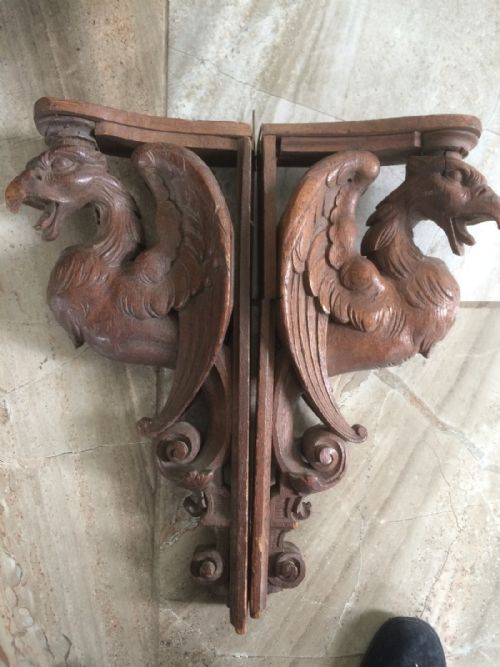 19th Century Antique Carved Griffin Eagle Caryatids Panels